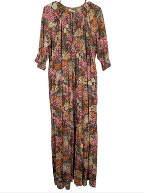 fab’rik Wildflower Floral Pintuck Maxi Dress - Boho Tiered Button Front - Large